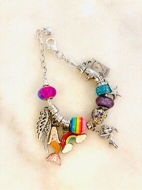 Sterling Silver Charm Bracelet with Rainbow, Mermaid & Wing Charms